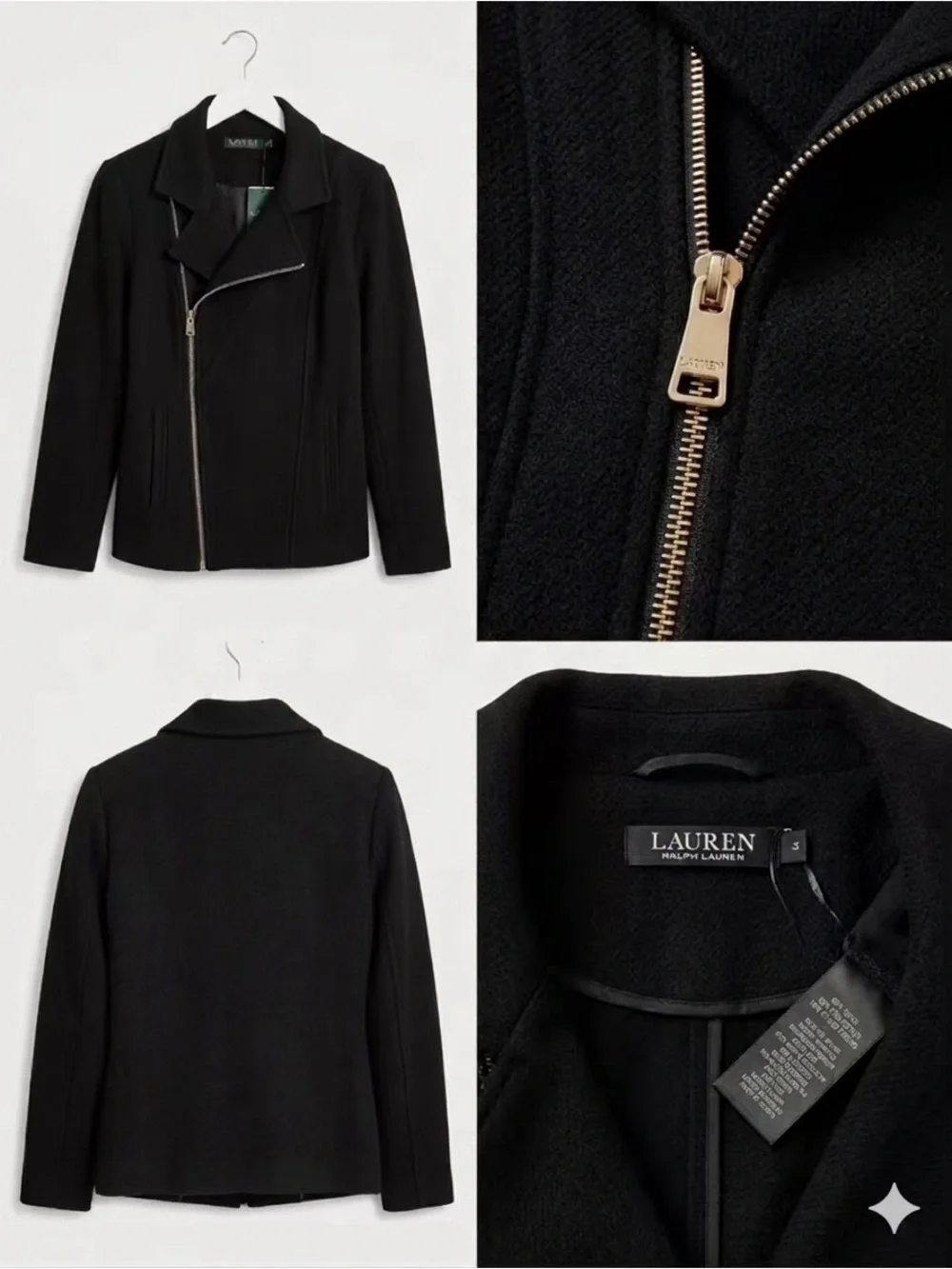 Lauren Ralph Lauren NWT Black Moto Jacket Gold Asymmetric Zip Size Medium
